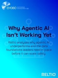 Blue gradient header graphic featuring an outline of a robot icon in the background, with the EM360 logo in the top left and the Reltio logo in the bottom right. The text reads “Why Agentic AI Isn’t Working Yet” with a subheading stating that Reltio analyses why agentic AI underperforms and the data foundations needed for safe scaling.
