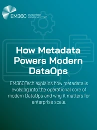 A teal EM360Tech header graphic with the title “How Metadata Powers Modern DataOps” in bold white text. The subtitle below explains that metadata is evolving into the operational core of DataOps. Behind the text is a faint line-style illustration showing a gear, a database symbol and document icons to represent data and metadata workflows.