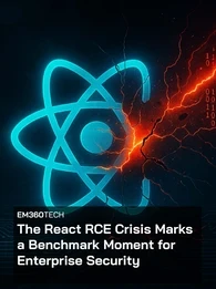 A dramatic digital illustration showing the React atom symbol glowing in blue as a red, lightning-like breach tears through it, with binary code and fractured energy effects highlighting the severity of the React RCE vulnerability. The background features dark server racks and circuitry to emphasise the enterprise security context.
