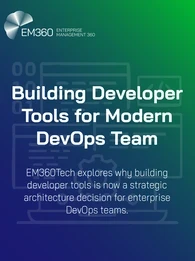 Header image for an EM360Tech article titled “Building Developer Tools for Modern DevOps Teams,” featuring abstract developer and platform icons on a blue and green gradient background, with text highlighting developer tools as a strategic architecture decision for enterprise DevOps teams.