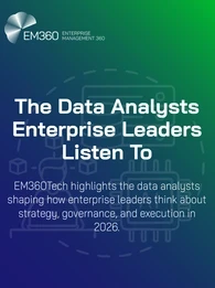 A blue-to-green gradient EM360Tech graphic featuring the EM360 logo and the headline “The Data Analysts Enterprise Leaders Listen To,” with supporting text stating that EM360Tech highlights data analysts shaping enterprise strategy, governance, and execution in 2026.