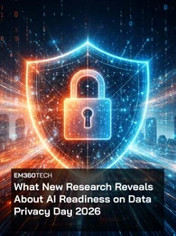 Futuristic digital illustration showing a glowing padlock inside a blue and orange data shield formed from streaming binary code over a dark city skyline. Overlaid text reads “EM360Tech: What New Research Reveals About AI Readiness on Data Privacy Day 2026”.
