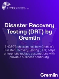 EM360Tech branded graphic with a purple gradient background and Gremlin branding, featuring the headline “Disaster Recovery Testing (DRT) by Gremlin” and supporting text explaining how Gremlin’s Disaster Recovery Testing helps enterprises replace assumptions with provable business continuity.