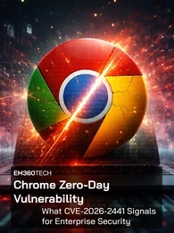 Cracked Google Chrome logo with a bright diagonal slash and digital lock icons in the background; overlay text: “Chrome Zero-Day Vulnerability” and “What CVE-2026-2441 Signals for Enterprise Security”. 