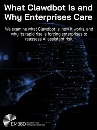 Dark blue and black digital-themed header image with the title “What Clawdbot Is and Why Enterprises Care” and subtext reading “We examine what Clawdbot is, how it works, and why its rapid rise is forcing enterprises to reassess AI assistant risk.” The background features a stylised human profile made of glowing circuit lines and a hand interacting with a holographic interface. EM360 Enterprise Management 360 logo appears in the bottom left corner.