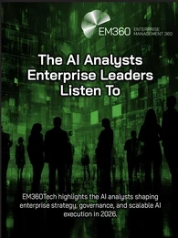 Green futuristic digital background showing silhouettes of business professionals standing in front of a data-driven cityscape, with the title “The AI Analysts Enterprise Leaders Listen To” and EM360Tech branding, highlighting analysts shaping enterprise AI strategy in 2026.