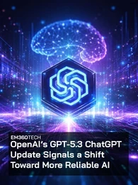 Header graphic for an EM360Tech article titled &ldquo;OpenAI&rsquo;s GPT-5.3 ChatGPT Update Signals a Shift Toward More Reliable AI,&rdquo; showing a glowing AI brain above a digital network with the ChatGPT logo at the centre, symbolising advances in generative AI reliability and intelligence.