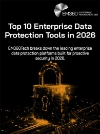 Black and orange graphic with the EM360 logo at the top right. Large white headline text on the left reads: “Top 10 Enterprise Data Protection Tools in 2026.” Beneath it, smaller white text reads: “EM360Tech breaks down the leading enterprise data protection platforms built for proactive security in 2026.” On the right side, a glowing gold digital padlock made of circuit-board elements sits on a dark background with illuminated data lines, representing cybersecurity and data protection.