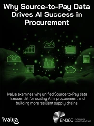 Dark, green-toned graphic showing two hands cupped together, holding glowing digital icons representing procurement and supply chain data, including charts, a factory, clipboard, and calculator. The headline reads “Why Source-to-Pay Data Drives AI Success in Procurement.” Subtext states that Ivalua explains how unified Source-to-Pay data supports scaling AI in procurement and strengthens supply chain resilience. Ivalua and EM360 logos appear at the bottom.
