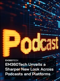 Dark, high-contrast technology background featuring blue and orange data-like light patterns on a digital grid, with overlaid text reading “EM360TECH” and “EM360Tech Unveils a Sharper New Look Across Podcasts and Platforms” in bold white font on a semi-transparent black panel.