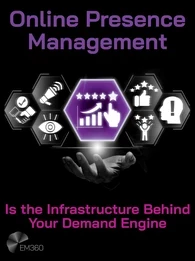 Graphic with the title “Online Presence Management Is the Infrastructure Behind Your Demand Engine” above a glowing hexagon showing a rising chart and five-star rating, surrounded by icons representing reputation, reviews, visibility, endorsements, and trust signals, with the EM360 logo below.