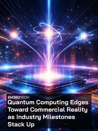 Header graphic showing a futuristic quantum computing visual with glowing entangled particles and a luminous processor chip emitting beams of light across a digital circuit background. Overlaid text reads: ‘EM360Tech – Quantum Computing Edges Toward Commercial Reality as Industry Milestones Stack Up.