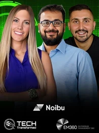 Christina Stathopoulos hosting Tech Transformed podcast with Kailin Noivo (Noibu) and Rohit Nathany (Mejuri) discussing ecommerce data, AI, and revenue growth.