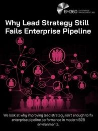 Dark-themed header graphic with pink network connections linking icons of people, messages, email, and finance across a world map. A group of business figures stands at the bottom, representing enterprise buyers. Text reads: “Why Lead Strategy Still Fails Enterprise Pipeline” and “We look at why improving lead strategy isn’t enough to fix enterprise pipeline performance in modern B2B environments.” EM360 Enterprise Management 360 logo appears in the top right.
