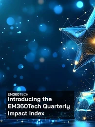 A glowing, futuristic star-shaped trophy made of connected digital lines and light sits on a reflective surface against a dark blue background with soft bokeh lights. On the left, a black overlay contains white text reading: “EM360TECH” and “Introducing the EM360Tech Quarterly Impact Index.”