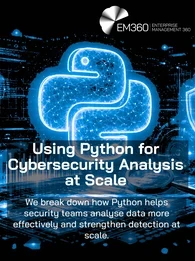 Cybersecurity-themed header image with a glowing blue Python logo over digital data visuals, including charts, cloud and shield icons, and a magnifying glass. Overlaid text reads “Using Python for Cybersecurity Analysis at Scale” with the EM360 Enterprise Management 360 logo in the top right and a subtitle about helping security teams analyse data and strengthen detection at scale.