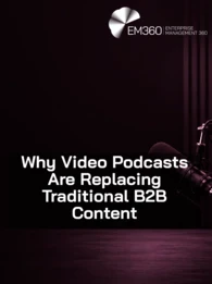 Dark, moody podcast studio scene with a black and deep burgundy colour palette. A professional microphone on a boom arm sits to the right above a wooden desk with a coffee mug. The background features soft vertical light strips and a plant in shadow. Large white overlay text reads “Why Video Podcasts Are Replacing Traditional B2B Content,” with the EM360 Enterprise Management 360 logo in the top right.