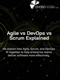 EM360Tech header graphic titled "Agile vs DevOps vs Scrum Explained" on a black background with olive green abstract workflow lines, circular process diagrams, network connections, and a gear icon representing software delivery and collaboration.