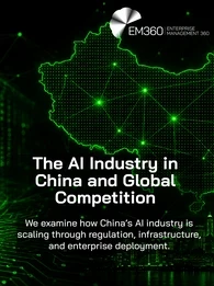 EM360Tech graphic titled “The AI Industry in China and Global Competition.” The image features a glowing neon green map of China connected by digital network lines against a mostly black background. A green-lit server rack appears on the left, a microchip and circuit board design spans the bottom, and a futuristic city skyline appears on the right. Subtitle text reads: “We examine how China’s AI industry is scaling through regulation, infrastructure, and enterprise deployment.” The EM360 Enterprise Manageme
