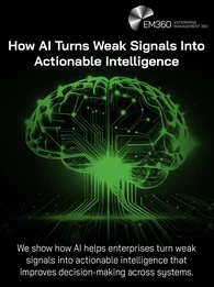 Header graphic for an EM360Tech article titled “How AI Turns Weak Signals Into Actionable Intelligence.” The design features a glowing green digital brain made of circuitry on a black background, symbolising artificial intelligence, pattern recognition, and connected data systems. The EM360 logo appears in the top right corner. Subtitle text reads: “We show how AI helps enterprises turn weak signals into actionable intelligence that improves decision-making across systems.”
