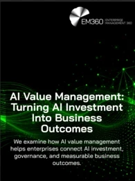 EM360Tech header graphic with the title “AI Value Management: Turning AI Investment Into Business Outcomes” in large white text on a black background. Abstract bright green data waves and connected network nodes flow across the lower half of the image, representing artificial intelligence, data, and digital connectivity. The EM360 Enterprise Management 360 logo appears in the top right corner. Subtitle text reads: “We examine how AI value management helps enterprises connect AI investment, governance, and m