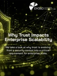 Header graphic for an EM360Tech article titled “Why Trust Impacts Enterprise Scalability.” The image has a black background with glowing olive green network lines, floating data nodes, and flowing digital wave patterns. On the left is a large illuminated shield with a padlock symbol representing cybersecurity and trust. On the right is a dotted digital globe focused on Europe and Africa. The EM360 Enterprise Management 360 logo appears at the top right. Large white headline text reads “Why Trust Impacts Ent