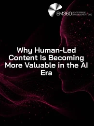 Header graphic for an EM360Tech article titled “Why Human-Led Content Is Becoming More Valuable in the AI Era.” The image features a black background with dark magenta digital wave patterns flowing across the bottom left. On the right side is a glowing abstract human profile made from connected nodes and network lines in dark magenta. Large white text in the centre reads “Why Human-Led Content Is Becoming More Valuable in the AI Era.” The EM360 Enterprise Management 360 logo appears at the top right.