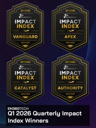 Graphic showing four EM360Tech Impact Index Q1 2026 winner badges labelled Vanguard, Apex, Catalyst, and Authority above the heading “EM360Tech Q1 2026 Quarterly Impact Index Winners” on a dark gradient background. 