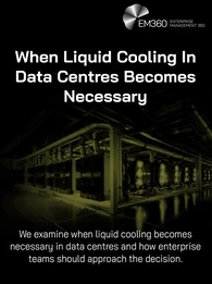 A dark, cinematic enterprise data centre scene with glowing liquid cooling infrastructure in yellow-green tones. Large white headline text reads “When Liquid Cooling In Data Centres Becomes Necessary”. Smaller subtitle text at the bottom says “We examine when liquid cooling becomes necessary in data centres and how enterprise teams should approach the decision.” The EM360 Enterprise Management 360 logo appears in the top right corner. 