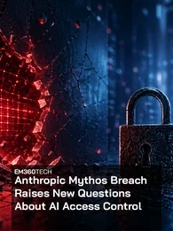 Dark cyber-themed scene with a cracked wall glowing red like a digital breach on the left and a black padlock on a reflective surface on the right, set against a blurred blue data centre background. Overlaid text reads: &ldquo;EM360TECH Anthropic Mythos Breach Raises New Questions About AI Access Control.&rdquo;