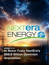 Header graphic for EM360Tech article about NextEra Energy’s Dominion acquisition. The image shows a dramatic energy and AI infrastructure scene with power lines, wind turbines, solar panels, lightning, and a large data centre server hall under a stormy sky. The NextEra Energy logo appears in the centre background. Overlaid text reads: “AI Boom Fuels NextEra’s $66.8 Billion Dominion Acquisition” with EM360Tech branding in the top left corner.