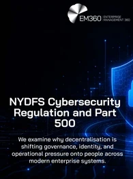 Header graphic for an EM360Tech article titled “NYDFS Cybersecurity Regulation and Part 500.” The image has a mostly black background with glowing blue digital cityscape elements and circuit-like lines across the bottom. A blue cybersecurity shield with a padlock icon appears on the right side, representing cyber protection and regulatory security controls. The EM360 Enterprise Management 360 logo appears in the top right corner. Subtitle text reads: “We examine why decentralisation is shifting governance, 