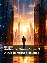 EM360Tech header graphic featuring the title “Anthropic Moves Closer To A Public Mythos Release” in large white text over a dark futuristic corridor. A glowing blue digital human profile made of interconnected data points appears on the left, while a large illuminated orange cybersecurity shield with a checkmark appears on the right. Open doors reveal a bright city skyline and streams of vertical data light in the background. A lone silhouetted figure stands in the centre of the corridor, reflected on the g