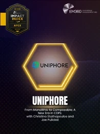 EM360Tech Impact Index Q1 2026 Apex Award winner graphic showing Uniphore logo inside a highlighted hexagon, labelled “Apex Winner,” with the podcast title “From Monolithic to Composable: A New Era in CDPs” and EM360Tech branding on a dark gradient background.