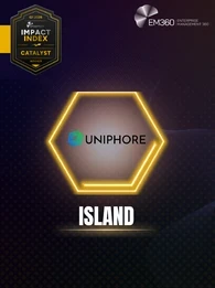 EM360Tech Impact Index Q1 2026 Catalyst Award winner graphic showing Island logo inside a highlighted hexagon, labelled “Catalyst Winner,” with EM360Tech branding on a dark gradient background.