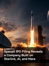 Space-themed EM360Tech header graphic showing a rocket launching from a spaceport at dusk, with flames and smoke illuminating the launch pad. A large satellite dish stands in the foreground, while a red planet resembling Mars and a smaller moon appear in the night sky. Overlaid text reads: “EM360TECH” and “SpaceX IPO Filing Reveals a Company Built on Starlink, AI, and Mars”. 