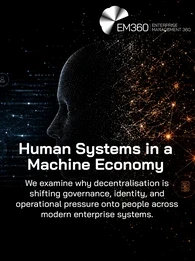 Dark futuristic EM360Tech header graphic showing a human silhouette made of digital particles at the centre of the image. Blue network connections and identity icons appear on the left, while orange interconnected nodes and enterprise system symbols appear on the right, representing decentralised machine economies and human oversight. Large white text reads &ldquo;Human Systems in a Machine Economy&rdquo; with smaller text underneath stating: &ldquo;We examine why decentralisation is shifting governance, identity, and operat