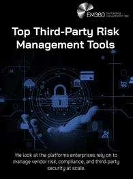 EM360Tech graphic titled &ldquo;Top Third-Party Risk Management Tools&rdquo; showing a glowing digital padlock hovering above an outstretched hand, surrounded by connected icons representing cloud services, finance, identity, procurement, analytics, and enterprise systems on a dark blue and black technology background. Text reads: &ldquo;We look at the platforms enterprises rely on to manage vendor risk, compliance, and third-party security at scale.&rdquo;