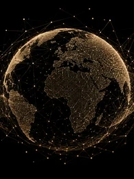 Header graphic for an EM360Tech article titled "Web3 Industry Growth 2026: Enterprise Adoption Rises". A glowing digital globe centred on Europe and Africa is formed from interconnected beige-gold data points and network lines against a black background. Flowing particle waves cross the foreground, symbolising global connectivity, tokenisation, and enterprise Web3 infrastructure.