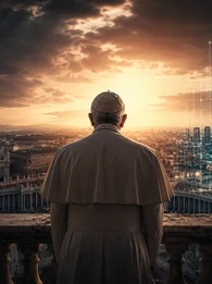 Header graphic showing Pope Leo XIV from behind, standing on a balcony overlooking Rome at sunset. St Peter’s Basilica appears on the left beneath dark storm clouds, while a glowing digital globe made of interconnected data points and network lines fills the right side of the image. The scene contrasts traditional religious authority with modern technology and artificial intelligence, with the article title "What Everyone Is Missing About Pope Leo's Warning on Technology" displayed across the centre.