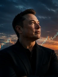 graphic for an EM360Tech article titled “SpaceX IPO Sends Elon Musk Past $1 Trillion.” A large portrait of Elon Musk dominates the left side of the image, looking upward against a dark, dramatic sky. On the right, a rocket launches from a pad with bright orange flames and smoke, rising above a city skyline at dusk. Transparent stock market candlestick charts and trend lines are overlaid across the scene, symbolising financial growth and investor activity. The article title appears in large white text 
