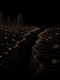 EM360Tech article header showing a connected digital landscape in beige-gold lines and glowing nodes against a black background. A dense, illuminated city skyline on the left is linked through a network grid to scattered homes and rural areas on the right, illustrating unequal digital access and connectivity. The headline reads: “Why Emerging Technology Could Widen The Digital Divide”, with a subtitle explaining how AI, cloud platforms, digital identity, and emerging technologies could create new forms of d