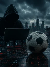 A dark cybercrime-themed illustration showing a hooded figure using a laptop beside a large football in the foreground. Digital profile screens and red data streams cover the ground, while a brightly lit stadium and city skyline sit beneath storm clouds in the background. An EM360Tech headline overlay reads: "What Ghost Stadium Reveals About The Industrialisation Of Digital Fraud."