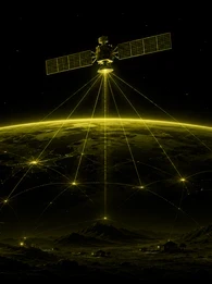 Header graphic showing a satellite in orbit above Earth, transmitting olive-green connectivity beams to remote communities below. A black background with glowing network lines links scattered homes across a rural landscape, while the title “Why Satellite Internet Won’t Solve The Digital Divide” and a subtitle about affordability, trust and local infrastructure appear in white text.
