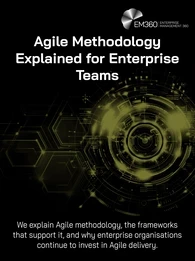 Black technology-themed EM360Tech banner featuring an olive-green circular digital interface graphic on the left, connected hexagonal network shapes on the right, and flowing data-wave patterns across the bottom. Large white text reads “Agile Methodology Explained for Enterprise Teams”. Smaller text below reads “We explain Agile methodology, the frameworks that support it, and why enterprise organisations continue to invest in Agile delivery.” The EM360 Enterprise Management 360 logo appears in the upper-ri