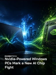 A black laptop with a blank screen sits on the left side of the image, while a large Nvidia-branded computer chip stands upright on the right. Bright green electrical streaks and glowing particles surround the chip, contrasting with blue light effects around the laptop. A dark city skyline with illuminated skyscrapers fills the background beneath a cloudy night sky. Large white text across the centre reads: "Nvidia-Powered Windows PCs Mark a New AI Chip Fight."