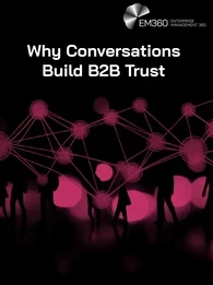 Header graphic titled "Why Conversations Build B2B Trust" showing silhouettes of people connected by a network of glowing pink nodes and lines against a black background, representing professional relationships, knowledge sharing, and trust-building conversations in enterprise environments.