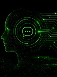 EM360Tech graphic titled “What Is Virtual Assistant Technology?” featuring a digital green-on-black interface with a stylised human profile, circular AI-inspired visual elements, and connected data pathways linking icons representing documents, databases, workflows, and users. The graphic explores how virtual assistant technology has evolved from basic assistants into intelligent systems that support enterprise operations.