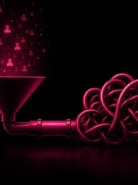 EM360Tech header graphic titled "The Hidden Cost Of Sending Sales Teams Unready Buyers" featuring a black background with deep dark magenta accents. On the left, buyer icons flow into a funnel connected to a pipeline that becomes tangled in the centre before breaking apart into fragments on the right, representing unready buyers creating bottlenecks and hidden costs within the sales pipeline. The EM360 logo appears in the top-right corner. 
