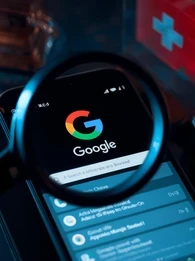 Google Android logo displayed on a smartphone as Swiss competition regulator COMCO investigates the removal of the search choice screen.